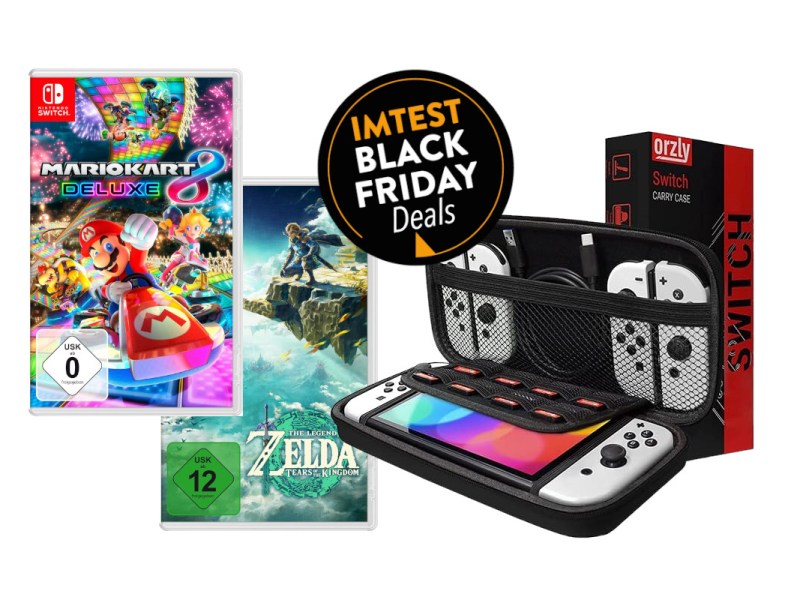 Links buntes Mario Kart 8 Spiel, dahinter leicht nach unten versetzt Zelda Spiel und rechts daneben weiße Nintendo Switch OLED in schwarzer aufgeklappter Tasche schräg von vorne mit schwarzem Button "IMTEST Black Friday Deals" mittig oben auf weißem Hintergrund