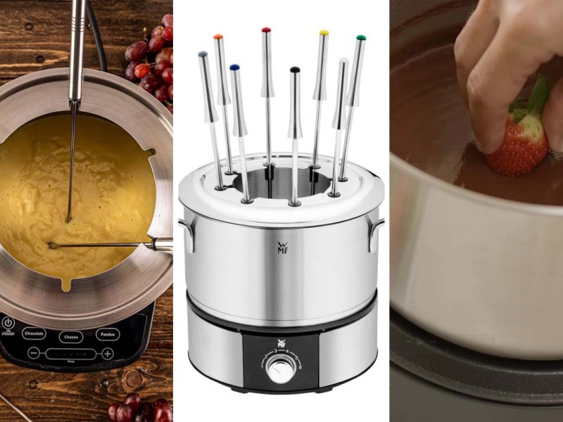 Dreigeteiltes Bild- links: Blick in einen Fondue Topf, dem dem eine orangene Suppe ist, Mitte Productshot Fondueset, rechts: eine Hand taucht eine Erdbeere in Schokofondue