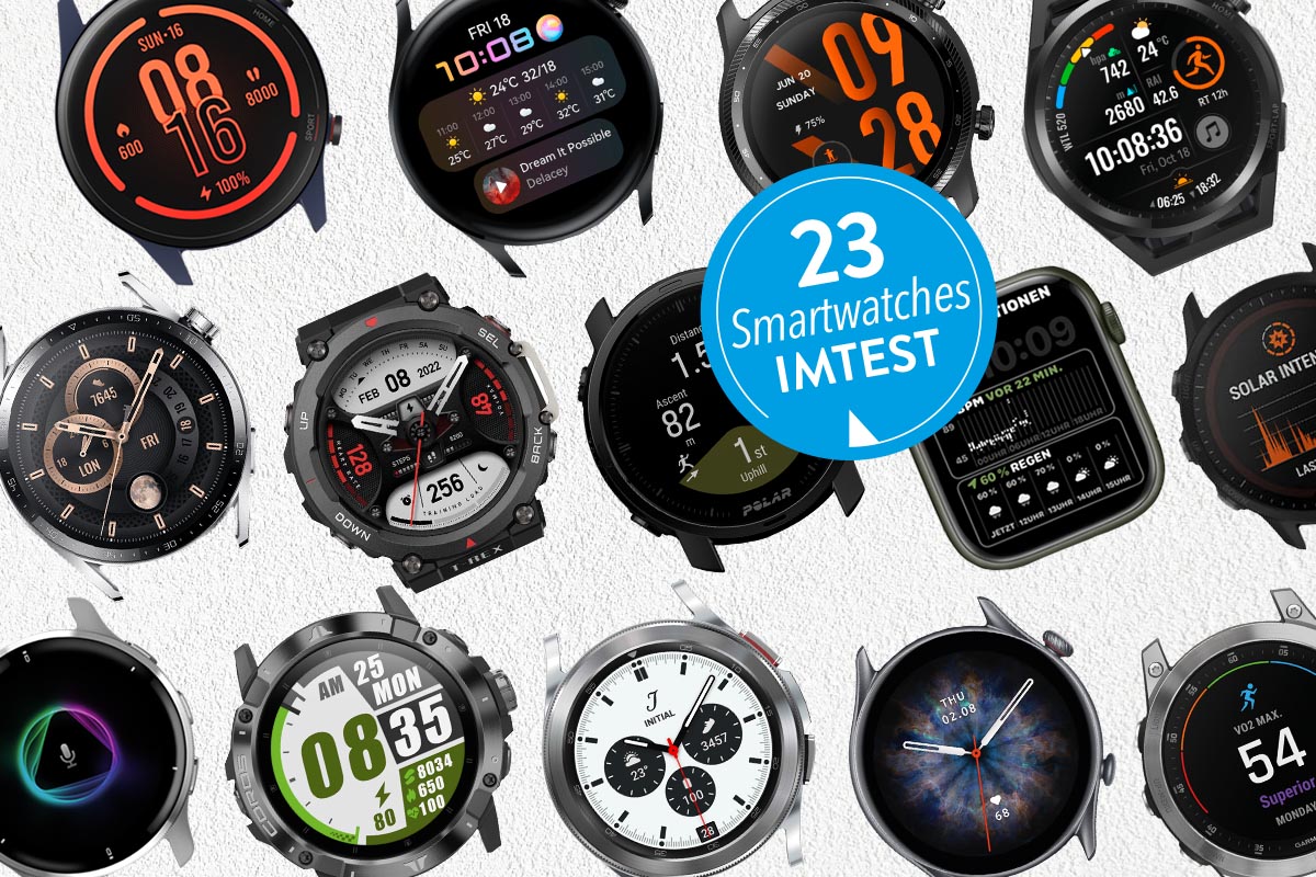 Drei Reihen verschiedenster Ssmartwatch-Gehäuse und blauer Button 