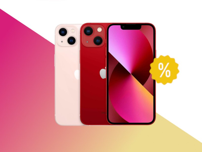 Rosa und rotes iPhone 13 von hinten und ein Display von vorne mit pink rotem Bild auf weißem Hintergrund mit pink gelben Farbverlauf unten und gelben Prozentzeichen rechts mittig