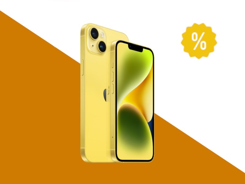 iphone 14 in Gelb schräg von vorne und hinten mit gelb grünem Bildschirm auf weiß orangenem Hintergrund mit gelben Prozentzeichen rechts oben