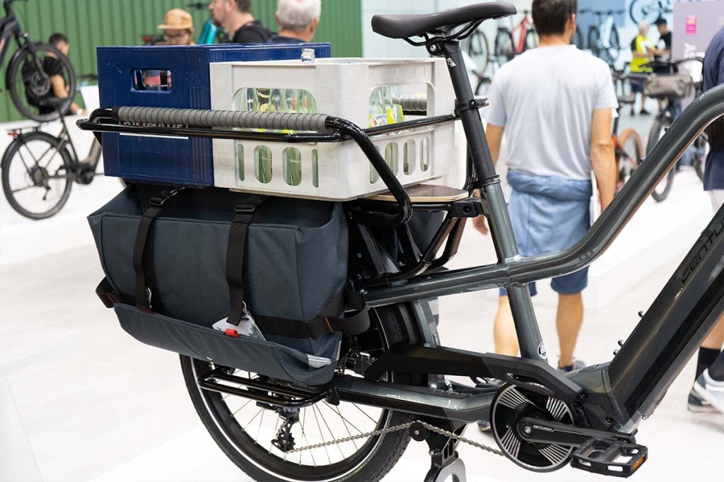 Nahaufnahme Gepäckträger mit Boxen und Taschen von Lastenrad
