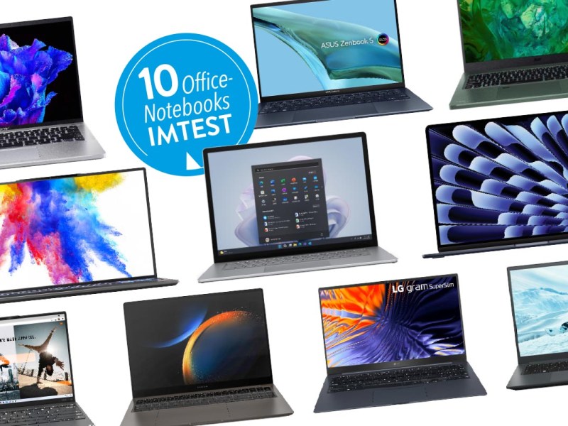 Verschiedene aufgeklappte Notebooks in drei Reihen untereinander auf weißem Hintergrund mit blauem Sticker "10 office-notebooks IMTEST" links oben