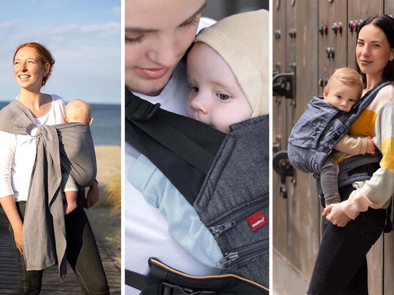 Dreigeteiltes Bild: auf jedem sieht man eine Mutter mit einem Baby in der Babytrage, jeweils in verschiedenen Situationen