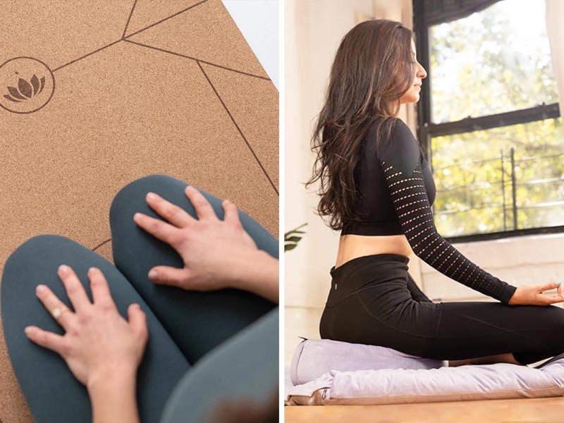 Zubehör für Yoga auf einem zweigeteiltem Bild.