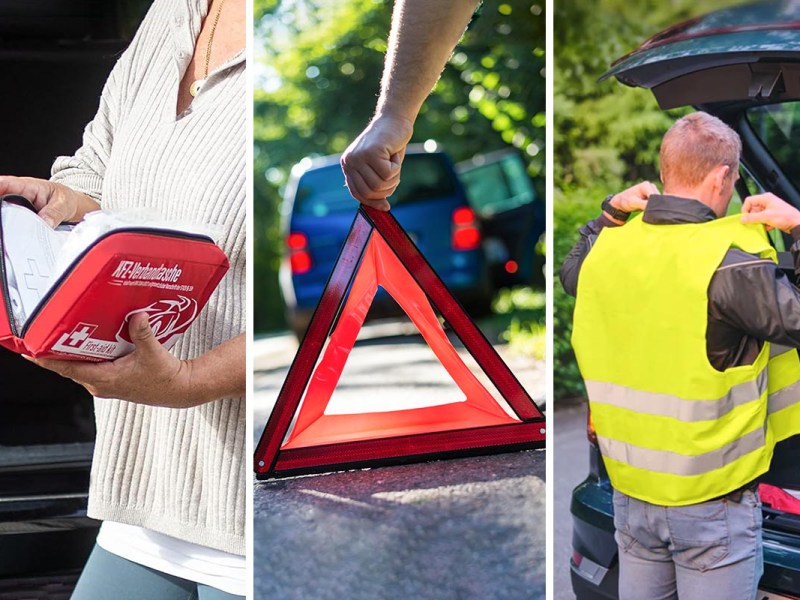Produkte, die man im Auto besitzen sollte, auf einem dreigeteiltem Bild.