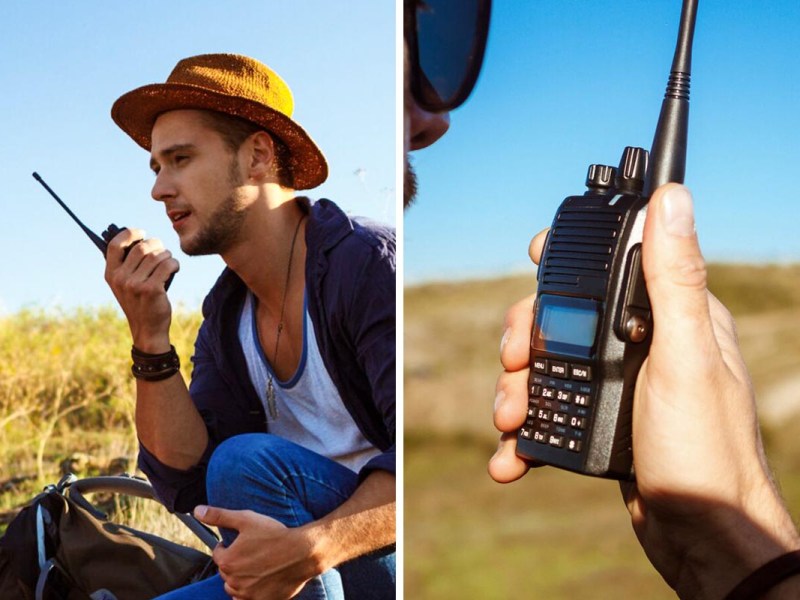 Personen mit Walkie Talkie in der Hand unter freiem Himmel.