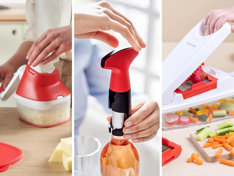 Produkte von Tupperware auf einem dreigeteiltem Bild.