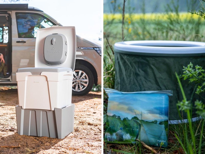 Campingtoiletten vor einem Van und in der Natur stehend auf einem zweigeteiltem Bild.