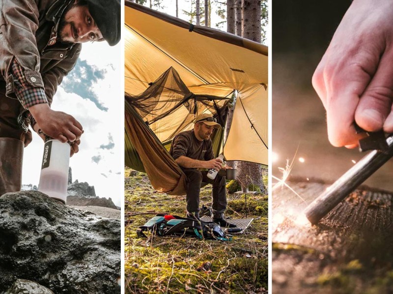 Ein dreigeteiltes Bild mit verschiedenen Gadgets für Outdoor Aktivitäten