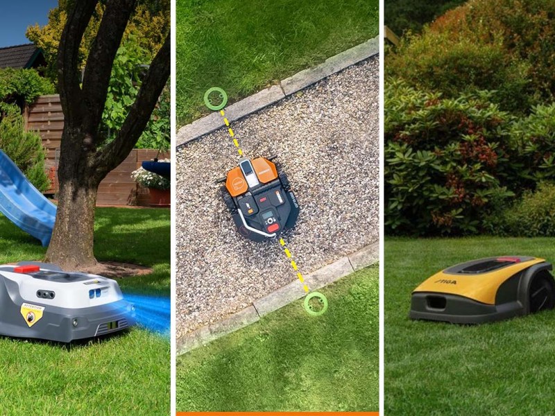 Dreigeteiltes Bild, auf jedem sieht man einen Mähroboter im Einsatz
