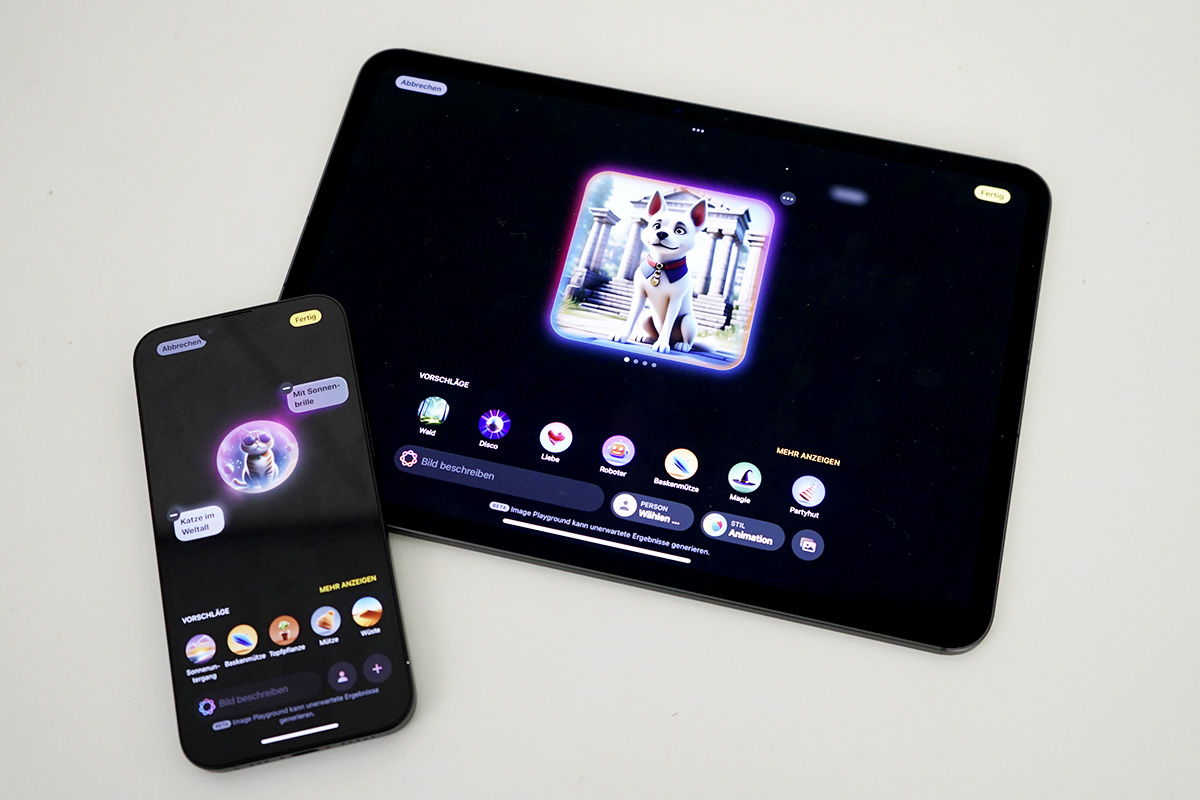 Ein iPad und ein iPhone liegen auf einem Tisch. Auf den Bildschirmen ist Image Playground geöffnet.